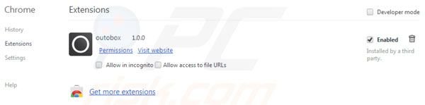 Outobox rimozione dalle estensioni di Google Chrome passo 2