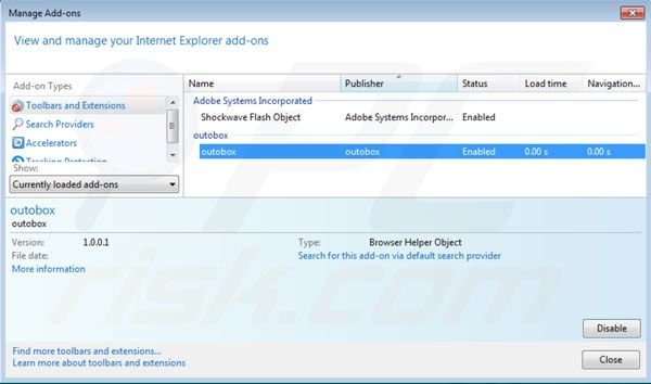 Outobox rimozione dalle estensioni di Internet Explorer passo 2