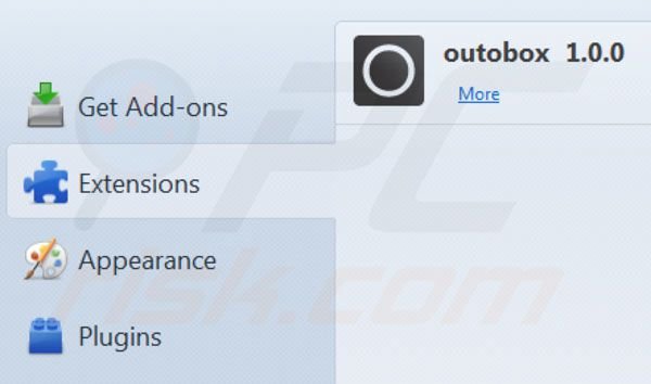 Outobox rimozione dalle estensioni di Mozilla Firefox passo 2