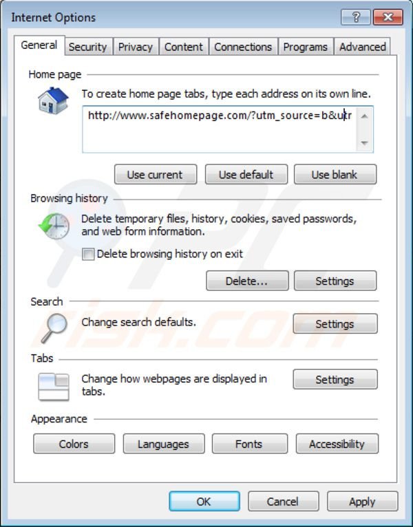 Safehomepage homepage in Intenret Explorer