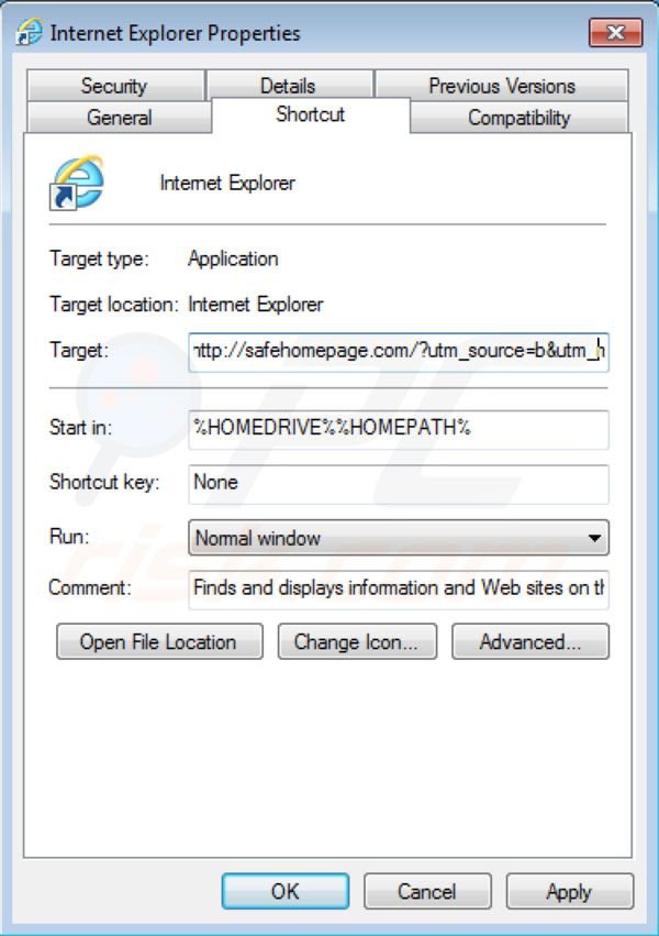 Safehomepage rimozione da Internet Explorer