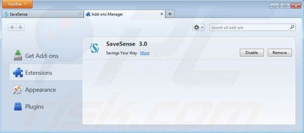 imuovere Savesense ads da Mozilla Firefox step 2