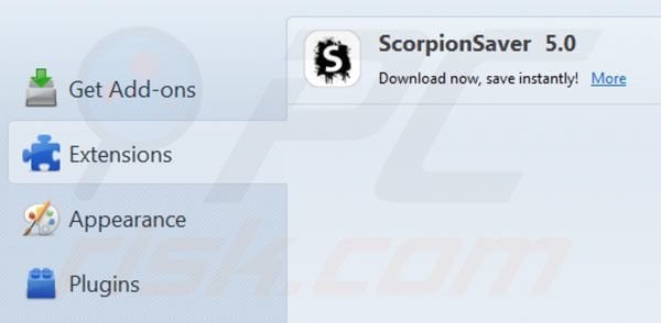 Scorpion Saver rimozione dalle estensioni di Mozilla Firefox step 2