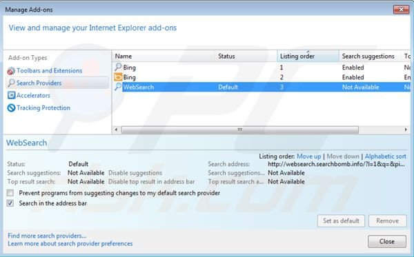 Rimuovere websearch.searchbomb.info dal motore di ricerca di Internet Explorer 