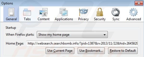 Rimuovere websearch.searchbomb.info dalla homepage di Mozilla Firefox 