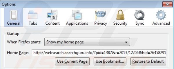 Rimuovere websearch.searchguru.info dalla homepage di Mozilla Firefox