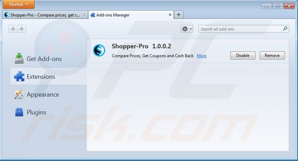 Rimuovere Shopper pro da Mozilla Firefox step 2