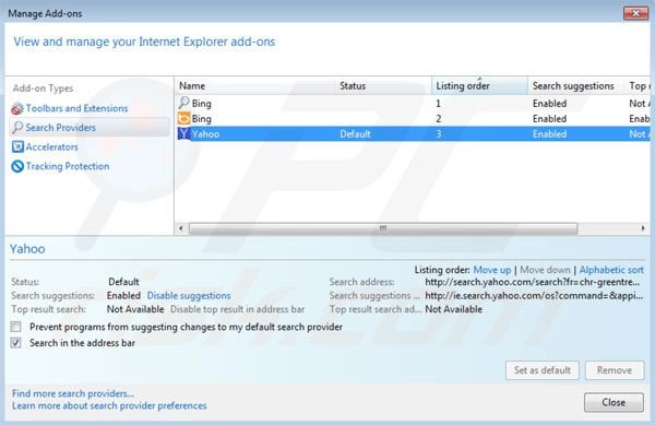 Rimuovere Spigot dalle impostazioni per il motore di ricerca di Internet Explorer 