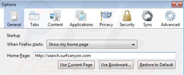 Surf Canyon rimozione dalla Mozilla Firefox homepage