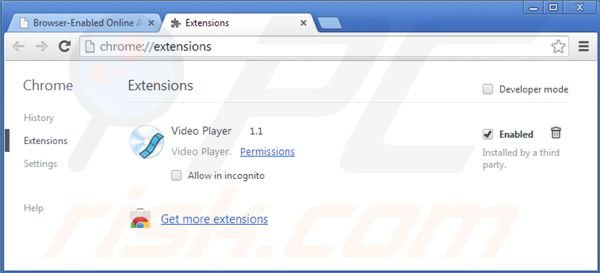 Rimuovere ads by video player dalle estensioni di Google Chrome step 2