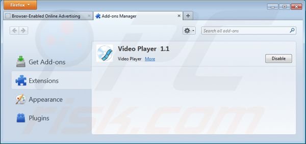 Rimuovere ads by video player dalle estensioni di Mozilla Firefox  step 2