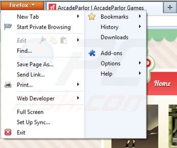 Rimuovere ArcadeParlor da Mozilla Firefox extensions step 1