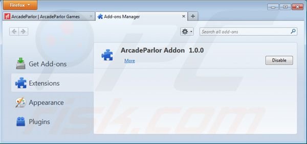 Rimuovere ArcadeParlor da Mozilla Firefox extensions step 2