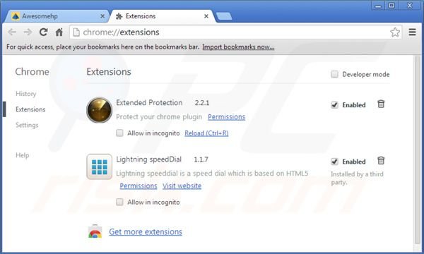 Rimuovere le estensioni di awesomehp.com da Google Chrome