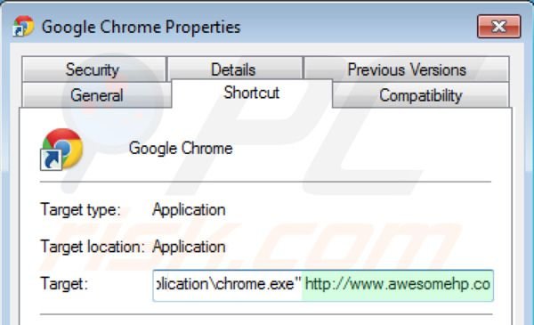 Rimuovere awesomehp.com dal collegamento rapido a Google Chrome step 2