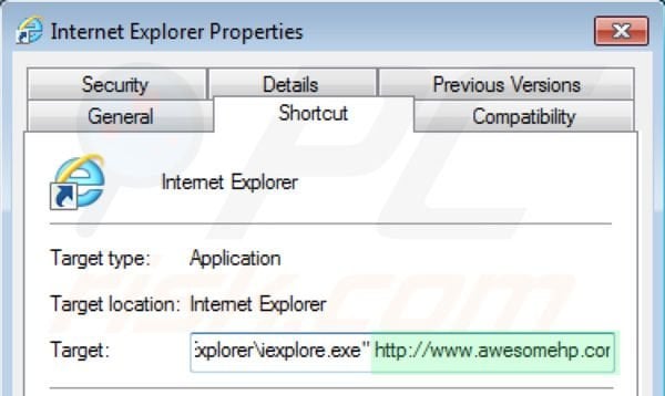 Rimuovere awesomehp.com dalla scorciatoia rapida a Internet Explorer step 2