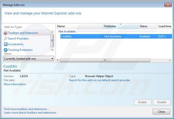 Rimuovere costmin dalle estensioni di Internet Explorer step 2