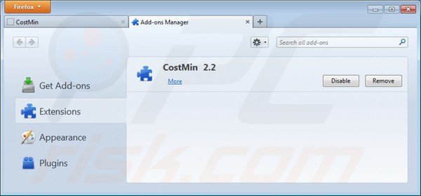 Rimuovere costmin dalle estensioni di Mozilla Firefox step 2