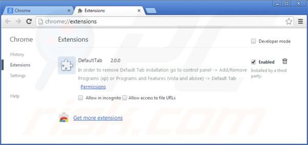 Rimuovere default tab dalle estensioni di Google Chrome 