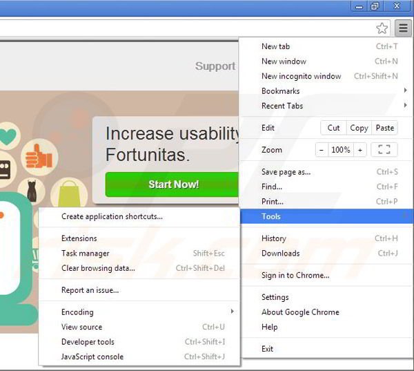 Rimuovere Fortunitas da Google Chrome step 1