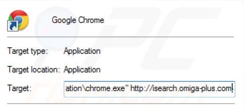 Rimuovere inspsearch.com redirect virus dagli obiettivi di scelta rapida di Google Chrome step 2
