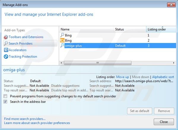 Rimuovere inspsearch.com redirect virus dal motore di ricerca di Internet Explorer 