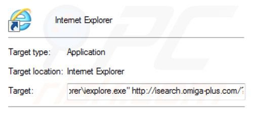 Rimuovere inspsearch.com redirect virus dagli obiettivi di scelta rapida di Internet Explorer step 2