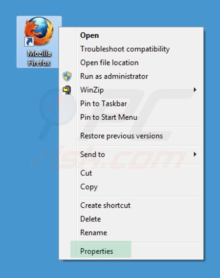 Rimuovere inspsearch.com dagli obiettivi di scelta rapida di Mozilla Firefox step 1