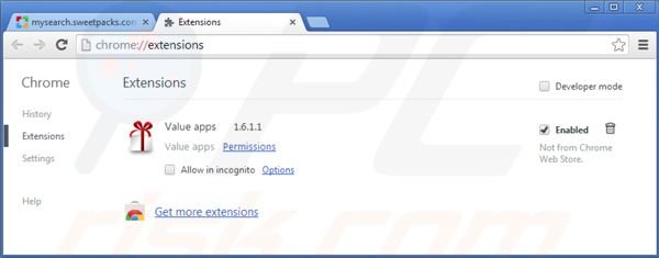 Rimuovere mysearch.sweetpacks.com dalle estensioni di Google Chrome 