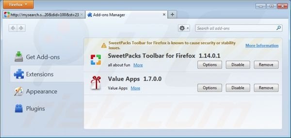 Rimuovere mysearch.sweetpacks.com dalle estensioni di Mozilla Firefox
