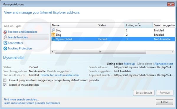 Rimuovere mysearchdial.com dal motore di ricerca predefinito di Internet Explorer 