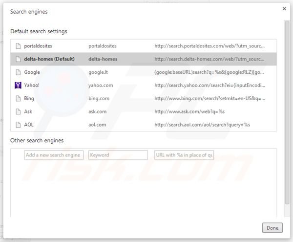 Rimuovere portaldosites.com dal motore di ricerca di Google Chrome 