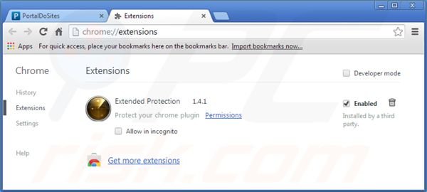 Rimuovere le estensioni del browser di portaldosites.com su Google Chrome 