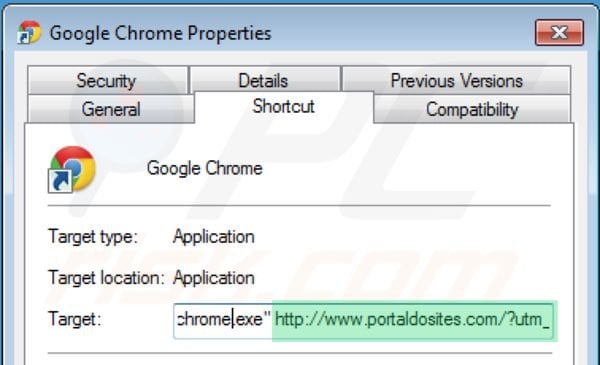 Rimuovere portaldosites.com dal collegamento rapido a Google Chrome step 2