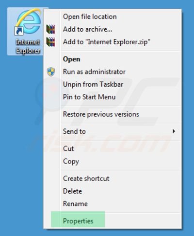 Removing portaldosites.com from Internet Explorer shortcut target step 1