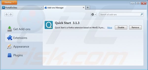 Rimuovere le estensioni di portaldosites.com da Mozilla Firefox