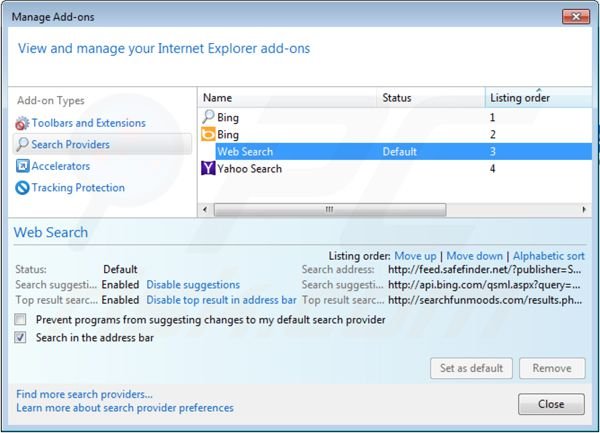Rimuovere isearch.safefinder.net dal motore di ricerca predefinito di Internet Explorer 