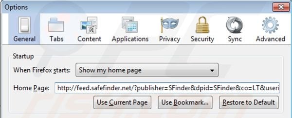 Rimuovere isearch.safefinder.net dalla Mozilla Firefox homepage