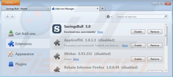 Rimuovere Savings Bull da Mozilla Firefox step 2