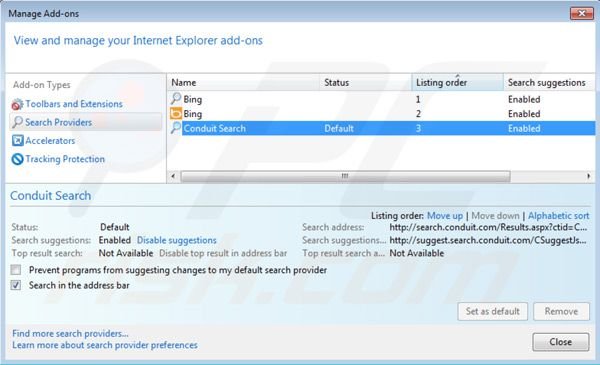 Search Protect by Conduit rimozione dal motore di ricerca predefinito di Internet Explorer 