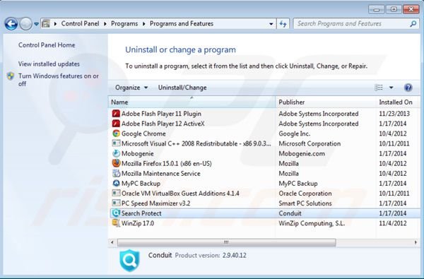 Search Protect by Conduit rimozione dla pannello di controllo