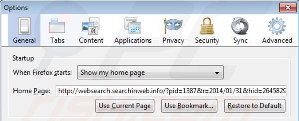 Rimuovere websearch.searchinweb.info da Mozilla Firefox homepage