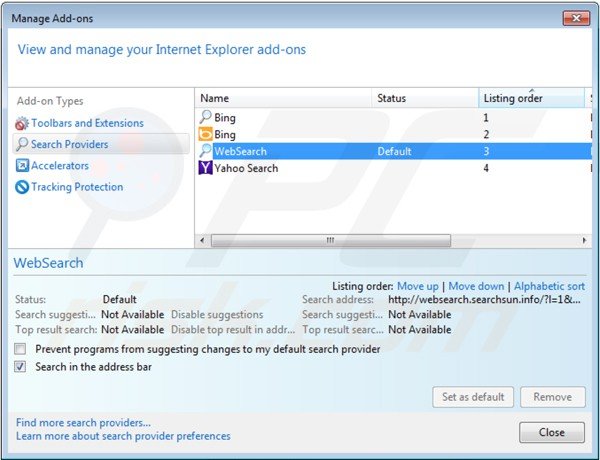 Rimozione di websearch.searchsun.info dalle impostazioni motore di ricerca predefinito di Internet Explorer