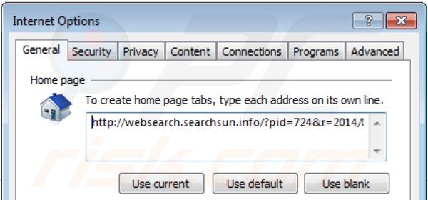 Rimozione di websearch.searchsun.info dalla home page di Internet Explorer