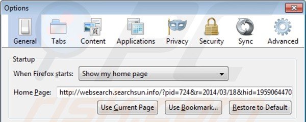 imuovere websearch.searchsun.info dalla Mozilla Firefox homepage