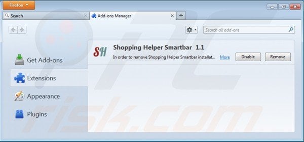 Rimuovere shopping helper smartbar dalle estensioni di Mozilla Firefox 