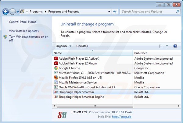 Shopping helper smartbar rimozione tramite il pannello di controllo
