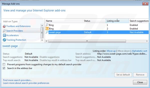 Rimuovere sweet-page.com dal motore di ricerca predefinito di Internet Explorer 