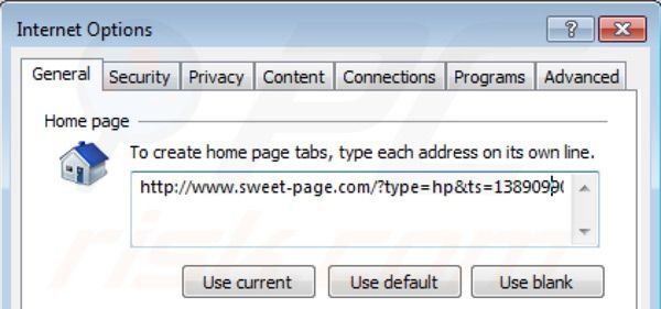 Rimuovere sweet-page.com dalla homepage di Internet Explorer