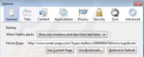 Rimuovere sweet-page.com dalla homepage di Mozilla Firefox 